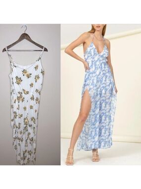 Charming Charlie Yellow Floral Jumpsuit Wide Split Leg XL